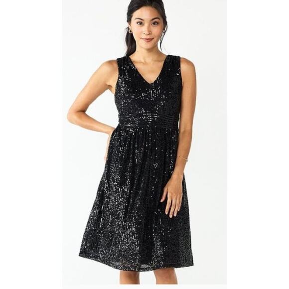 DRAPER JAMES Sleeveless Empire Sequined Shimmer A Line Black Evening Mini Dress - Picture 1 of 10